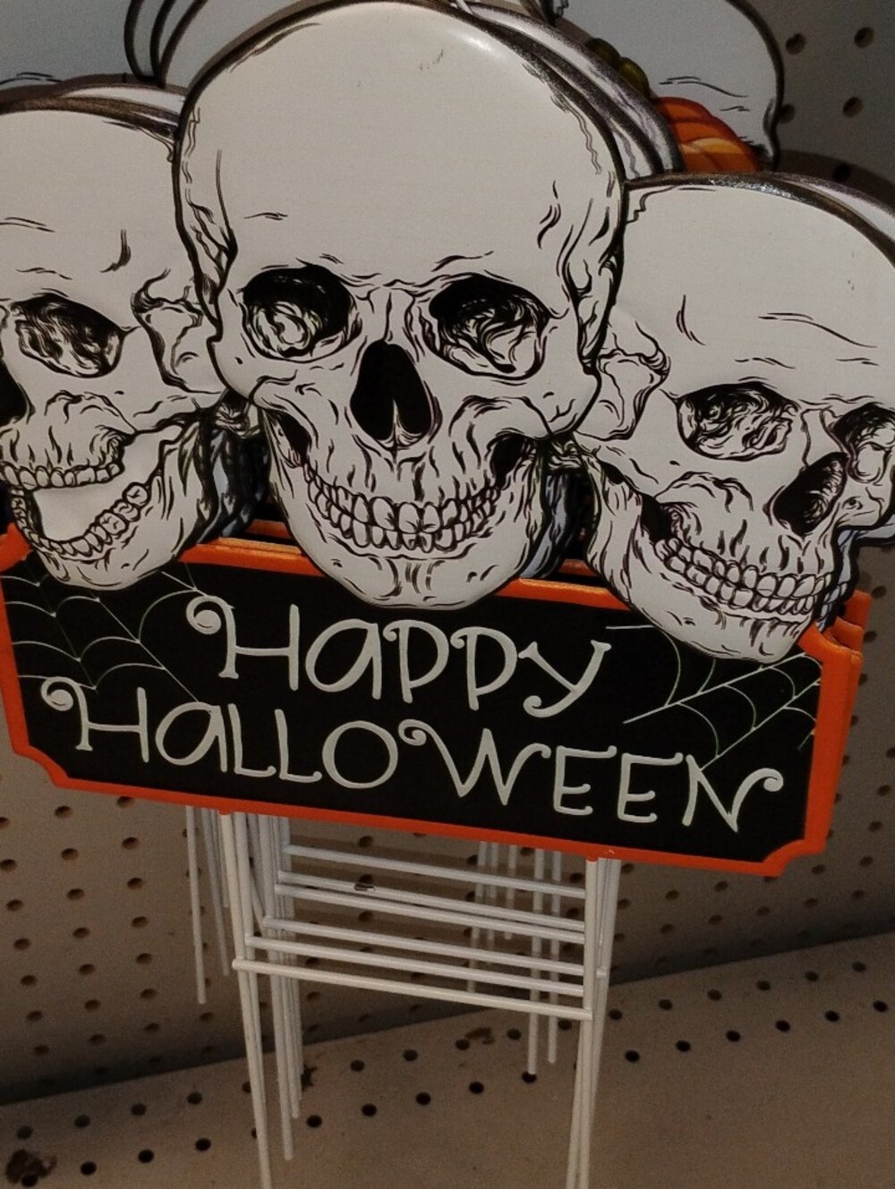 Skull Trio Happy Halloween Metal Yard Sign - Orange and Black